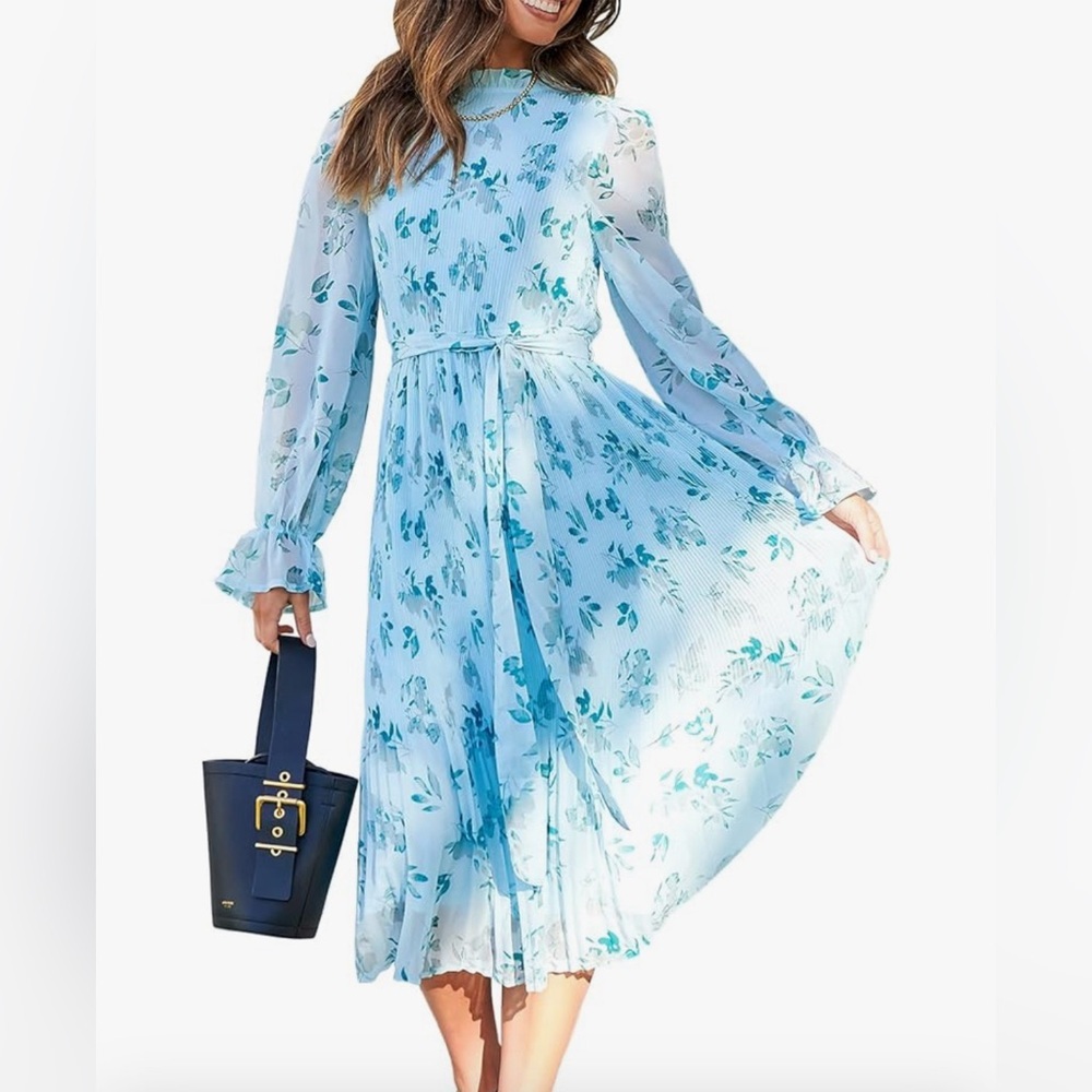 Women's Floral Midi Dress Puff Long Sleeve Ruffle A-Line Pleated Belted Dress
